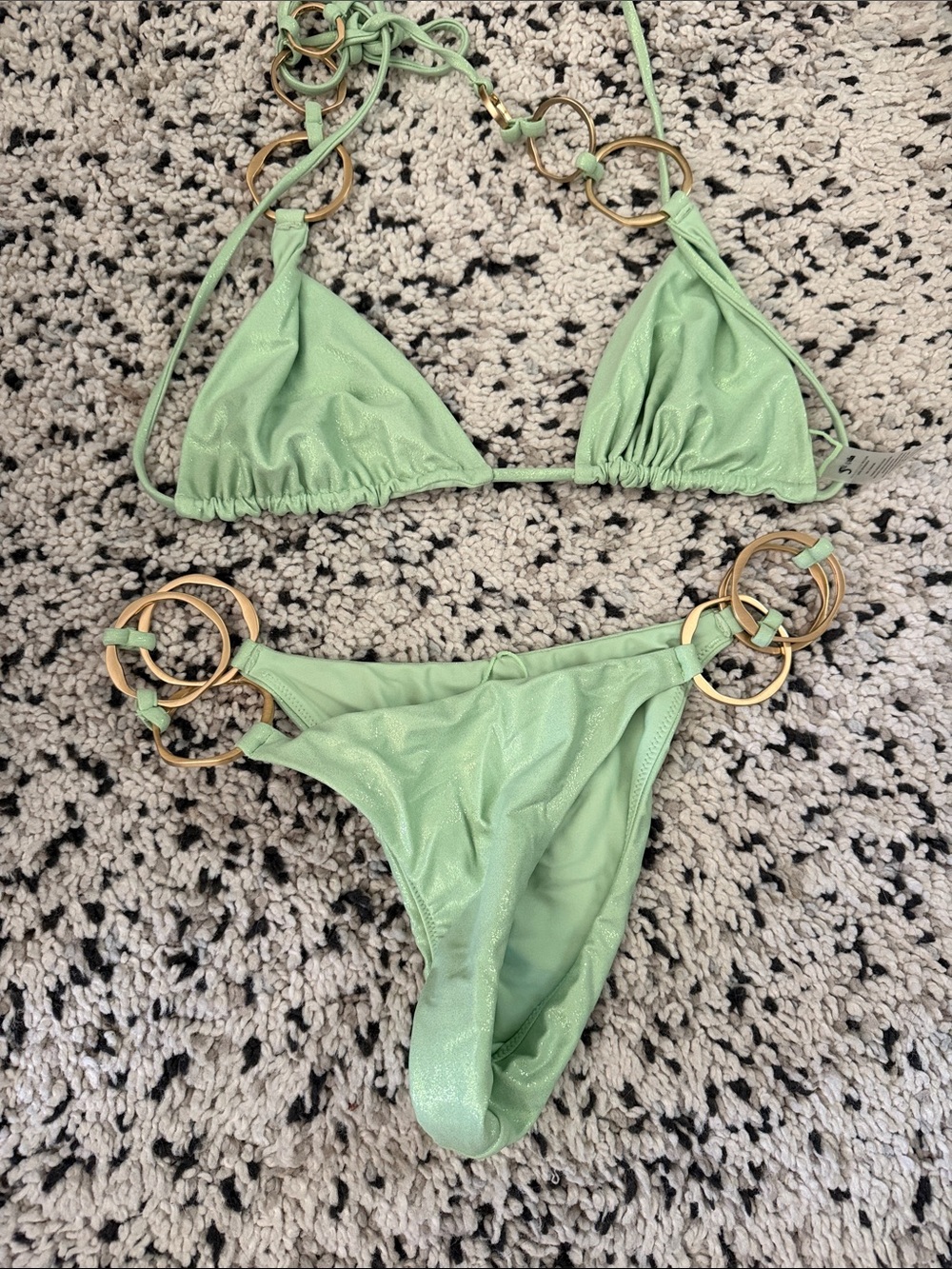 Cult Gaia Zoey Bikini Shimmery Mint Triangle Bikini Set with Gold Ring Accents